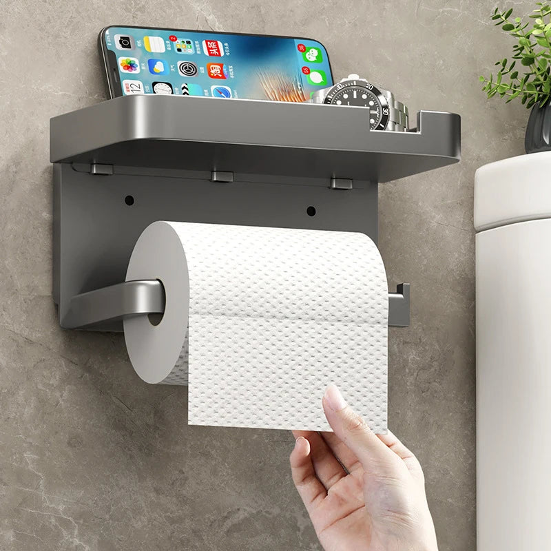 Wall-Mounted No-Drill Toilet Paper Holder with Shelf & Phone Stand, Plastic Bathroom Tissue Dispenser