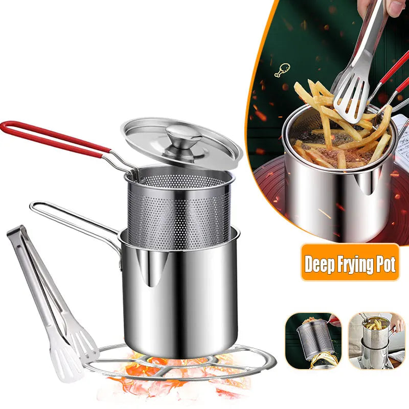 Deep Frying Pot with Strainer Basket & Tongs – Stainless Steel Tempura Frying Pot