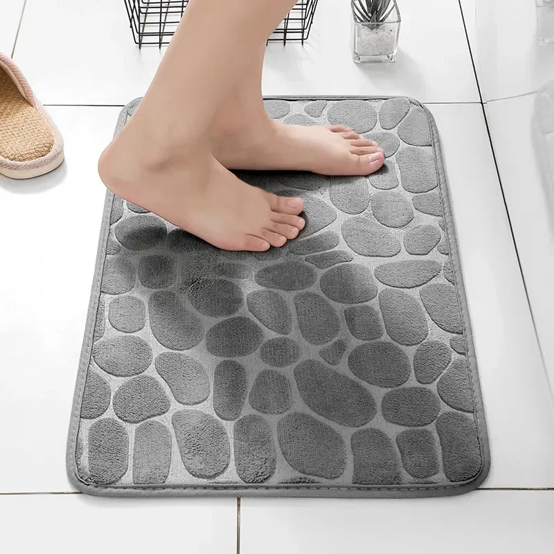 Memory Foam Embossed Velvet Bathroom & Living Room Mat – Non-Slip Cobblestone Floor Carpet