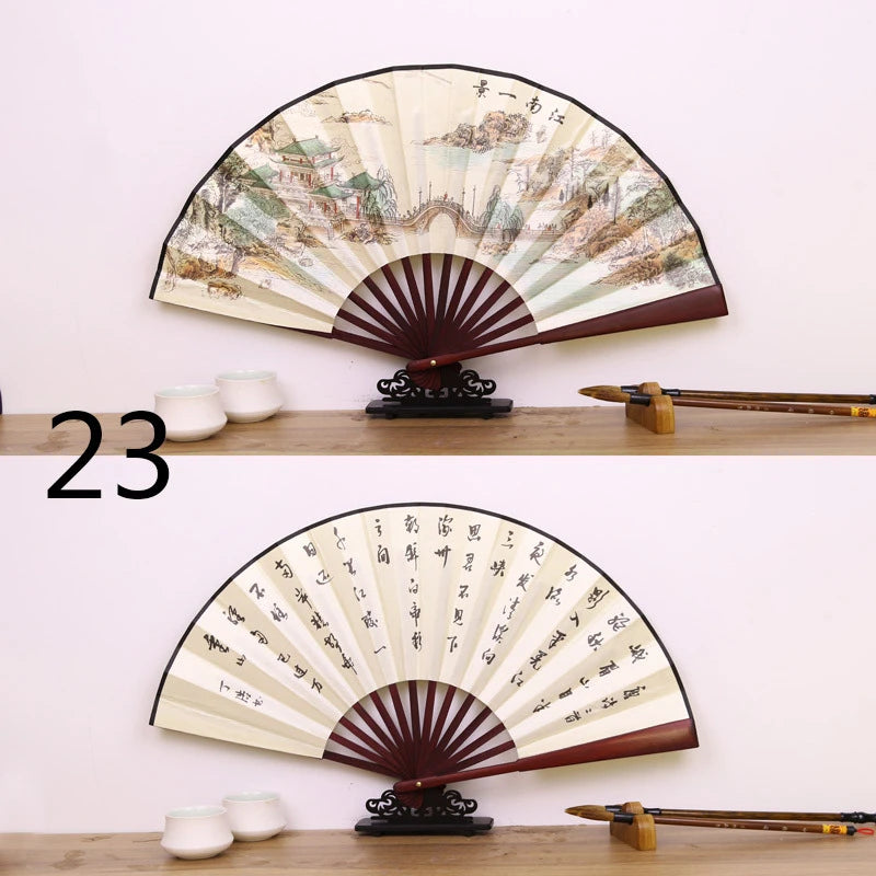 Silk & Bamboo Folding Fan Retro Decorative Handheld Fan 27x48cm