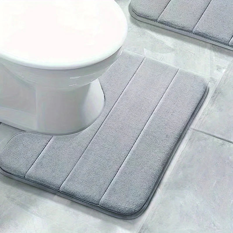 Pure Color Stripe Bathroom U-Mat, Soft Non-Slip Quick-Dry Toilet Carpet, Absorbent Shower Floor Mat
