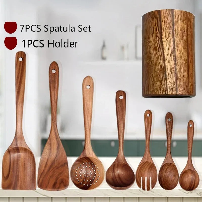 Natural Teak Wooden Kitchen Spoon & Spatula Set – Complete Cooking Tools