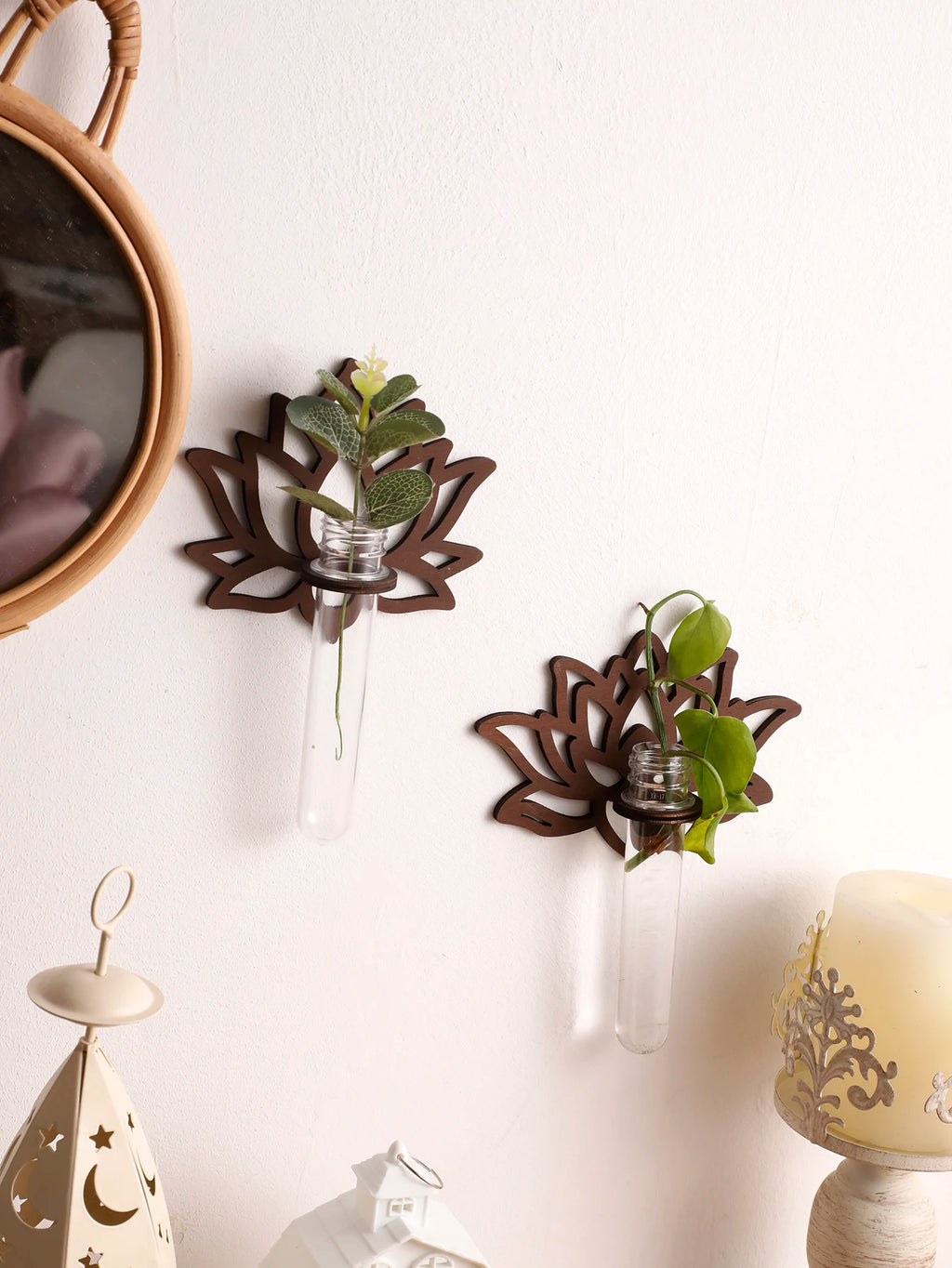 Lotus Shape Wooden Wall Planter & Vase Stand