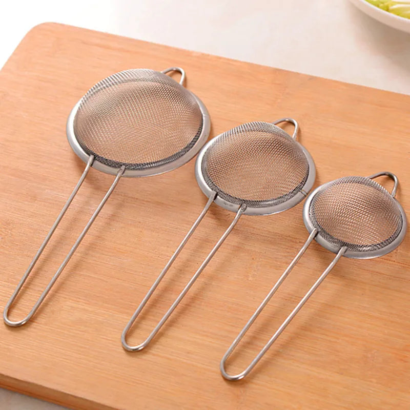 3-Piece Stainless Steel Fine Mesh Strainer Set with Handle & Hook – Colander Sifter for Juice, Soy Milk & Kitchen Use