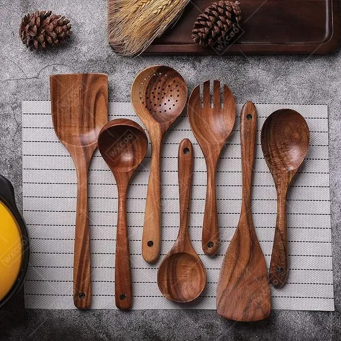 Natural Teak Wooden Kitchen Spoon & Spatula Set – Complete Cooking Tools