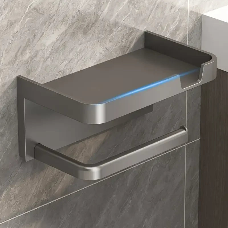 Wall-Mounted No-Drill Toilet Paper Holder with Shelf & Phone Stand, Plastic Bathroom Tissue Dispenser