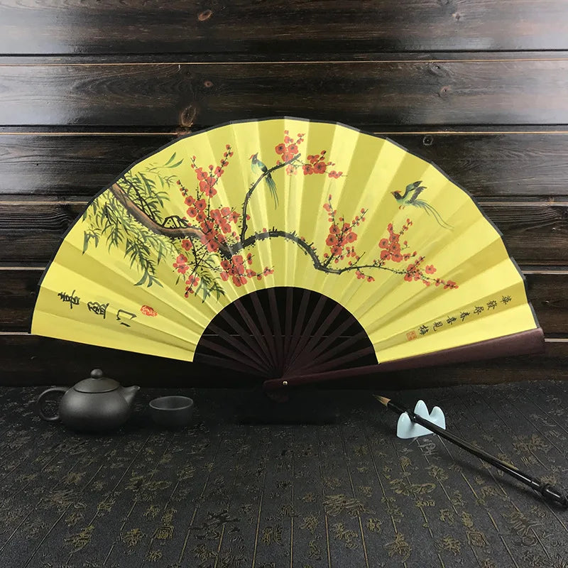 Silk & Bamboo Folding Fan Retro Decorative Handheld Fan 27x48cm