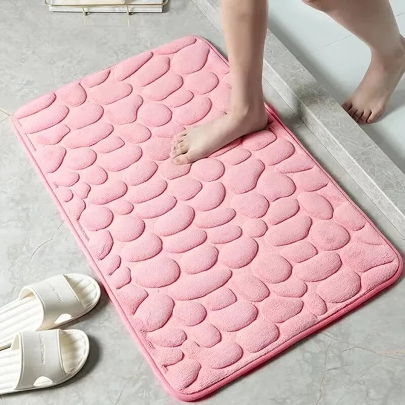 Memory Foam Embossed Velvet Bathroom & Living Room Mat – Non-Slip Cobblestone Floor Carpet
