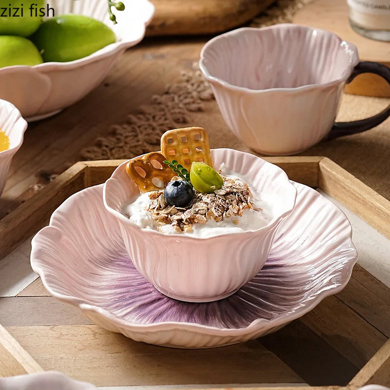 Relief Purple Floral Ceramic Plate – Flower Shaped Durable Tableware