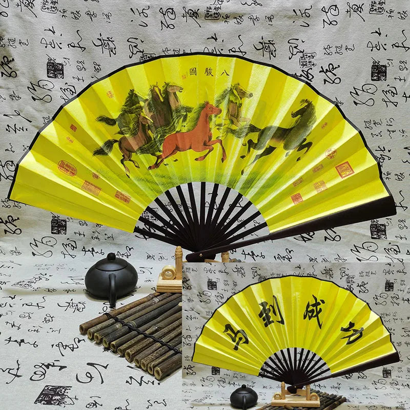 Silk & Bamboo Folding Fan Retro Decorative Handheld Fan 27x48cm