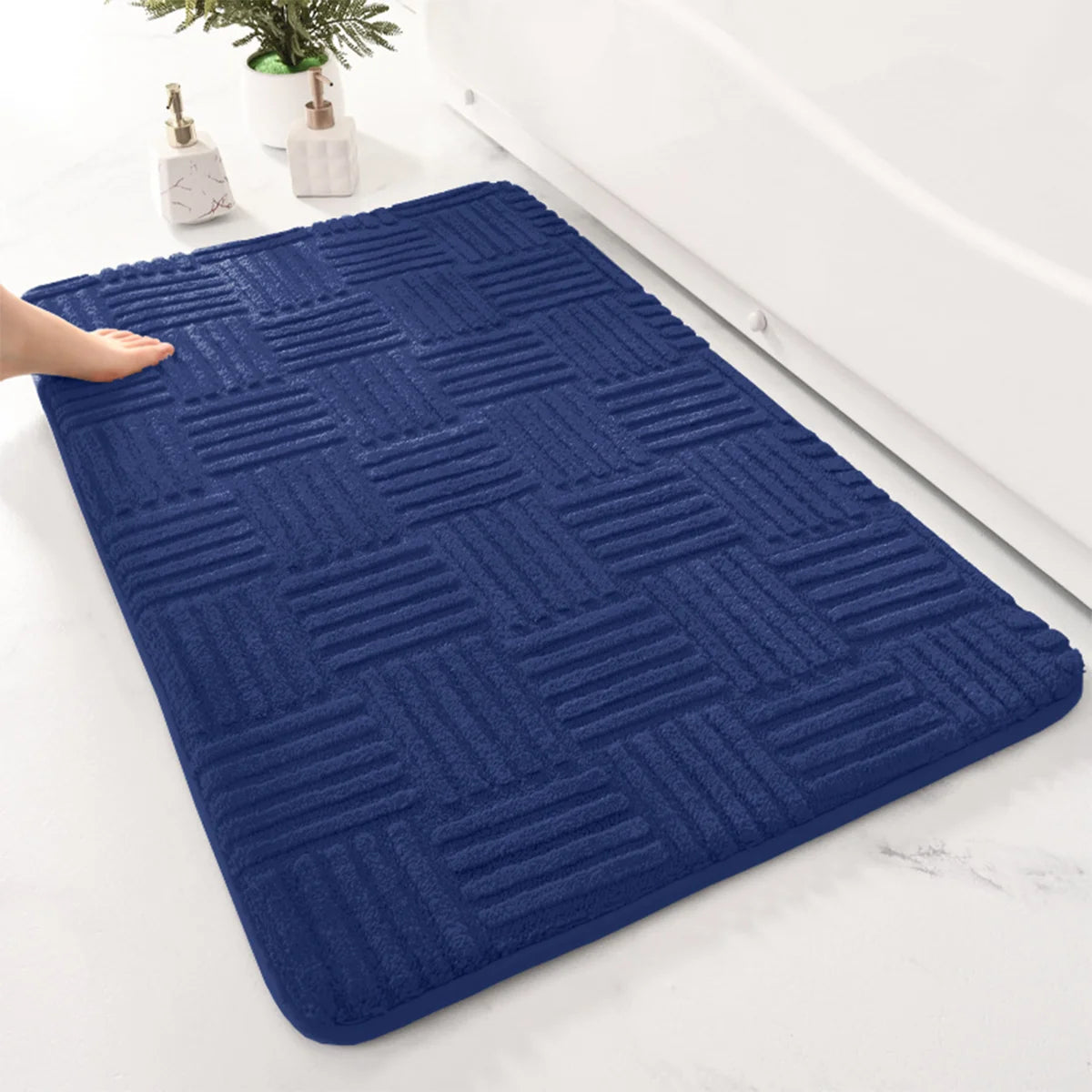 Thickened Striped Bathroom Floor Mat Non-Slip Absorbent Cotton Velvet Rug Solid Color