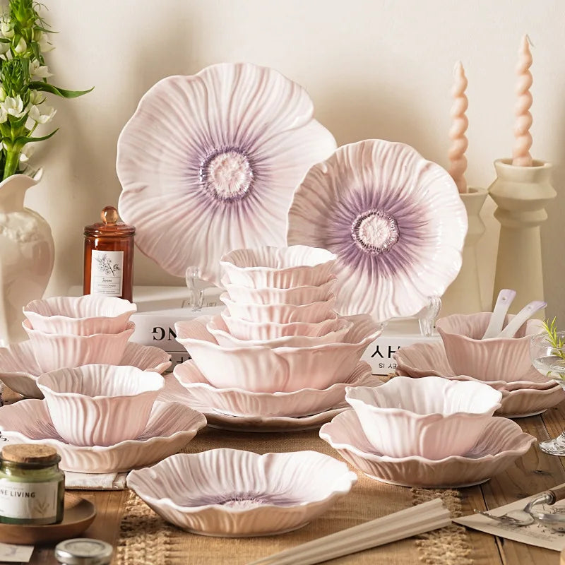 Relief Purple Floral Ceramic Plate – Flower Shaped Durable Tableware