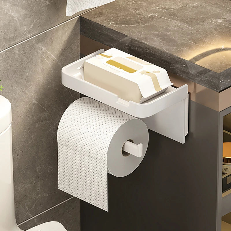 Wall-Mounted No-Drill Toilet Paper Holder with Shelf & Phone Stand, Plastic Bathroom Tissue Dispenser