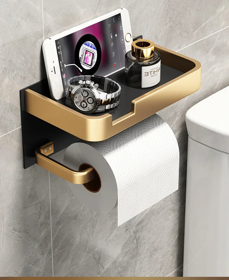 Black Gold Wall-Mounted Toilet Paper Holder with Phone & Towel Shelf Bathroom Rack