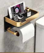 Black Gold Wall-Mounted Toilet Paper Holder with Phone & Towel Shelf Bathroom Rack