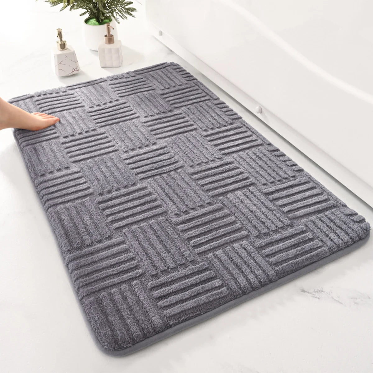 Thickened Striped Bathroom Floor Mat Non-Slip Absorbent Cotton Velvet Rug Solid Color