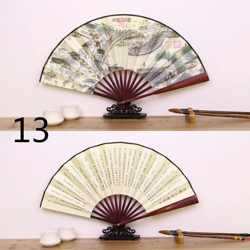 Silk & Bamboo Folding Fan Retro Decorative Handheld Fan 27x48cm
