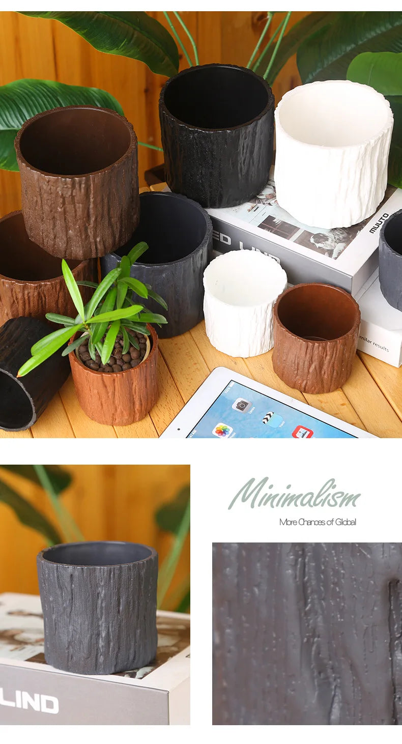 Mini Plastic Flower Pots Imitating Tree Bark