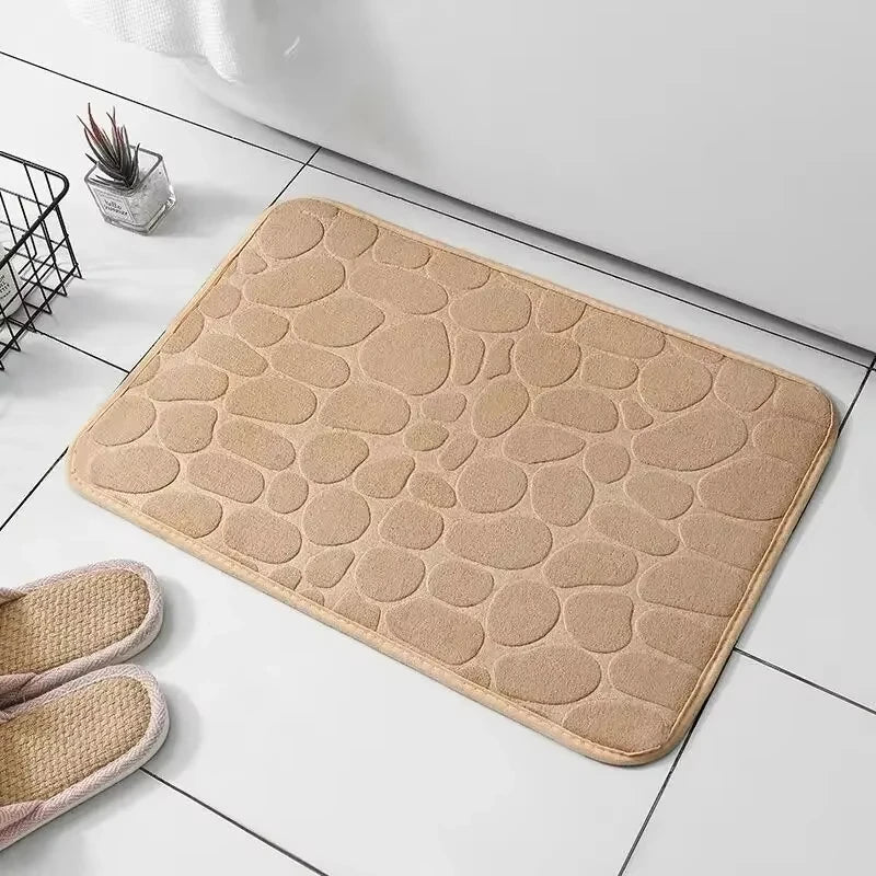 Memory Foam Embossed Velvet Bathroom & Living Room Mat – Non-Slip Cobblestone Floor Carpet