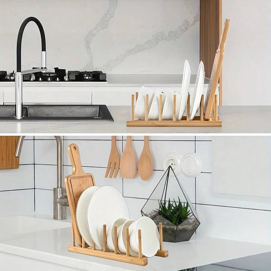 Natural Bamboo Dish & Bowl Storage Rack – Single Tier Floor Organizer