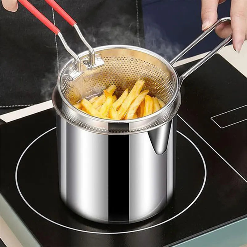 Deep Frying Pot with Strainer Basket & Tongs – Stainless Steel Tempura Frying Pot