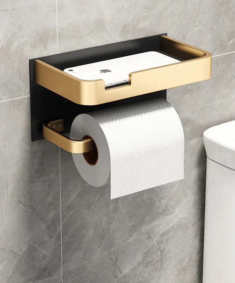 Black Gold Wall-Mounted Toilet Paper Holder with Phone & Towel Shelf Bathroom Rack