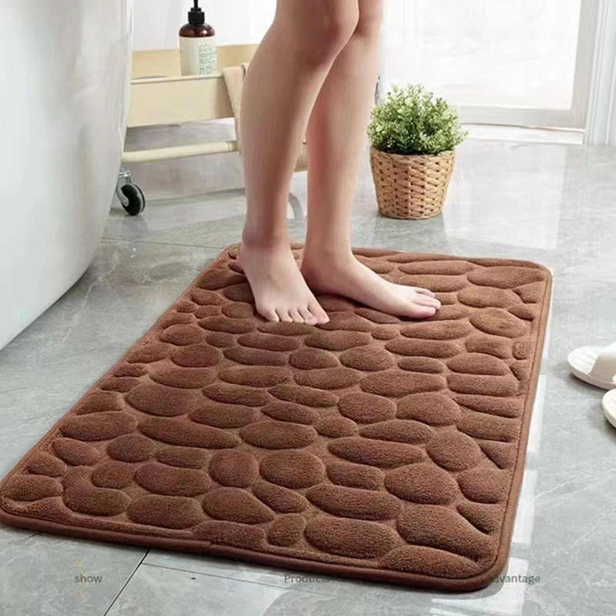 3D Non-Slip Bathroom Mat – Cobblestone Embossed Absorbent Quick-Dry Floor Rug