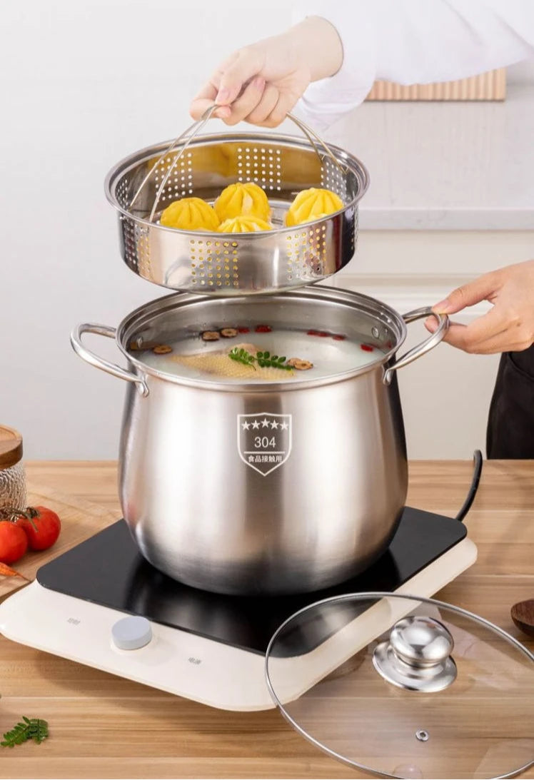 22cm Stainless Steel Stock Pot with Glass Cover – Soup & Kitchen Tool