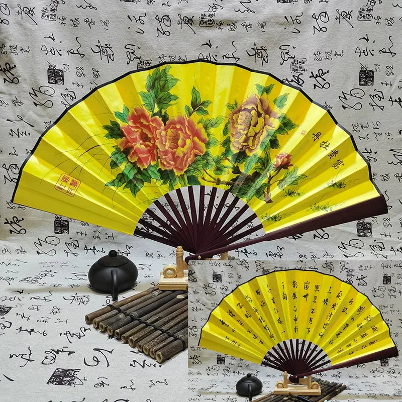 Silk & Bamboo Folding Fan Retro Decorative Handheld Fan 27x48cm