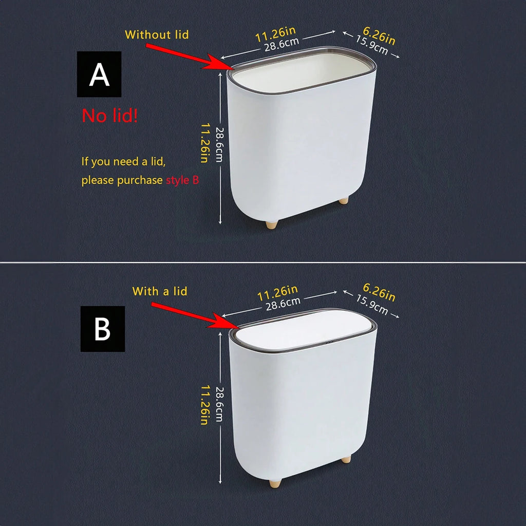 Narrow Press Ring Trash Can with Lid – Bathroom Gap Garbage Bin for Sorting