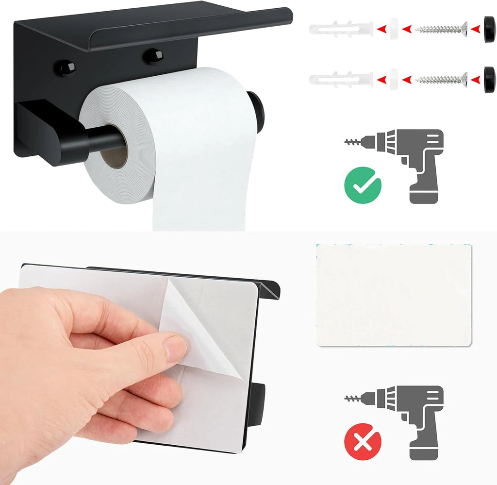 Self-Adhesive Stainless Steel Toilet Paper Holder with Phone Shelf Wall-Mount