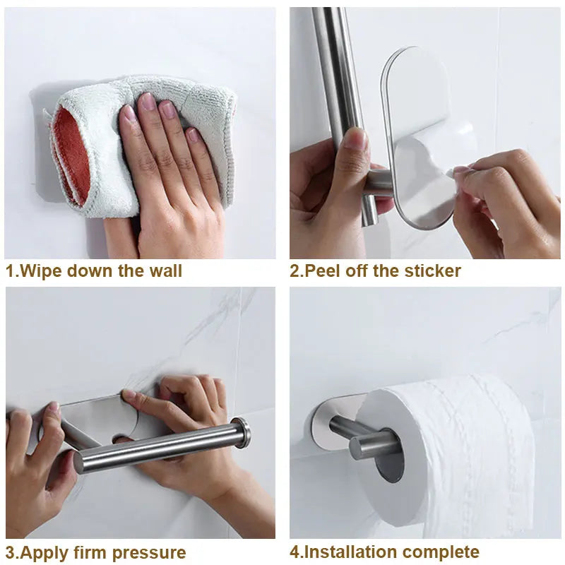 No-Drill Toilet Paper Holder Wall Mount Stainless Steel Easy Install Paper Roll Rack