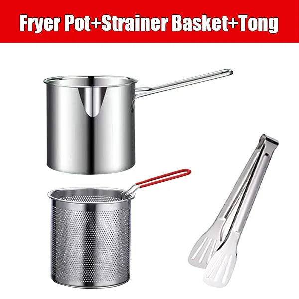 Deep Frying Pot with Strainer Basket & Tongs – Stainless Steel Tempura Frying Pot