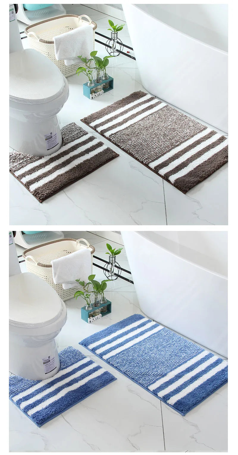 Striped microfiber bathroom carpet set 2-piece,waterproof,non-slip and quick drying,machine washable,TPR backing, medium velvet
