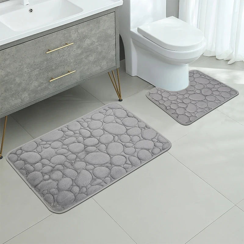 Embroidered Pebble Coral Velvet Bathroom Mat Set U-Shaped Absorbent Foot Rug Two-Piece