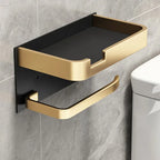 Black Gold Wall-Mounted Toilet Paper Holder with Phone & Towel Shelf Bathroom Rack