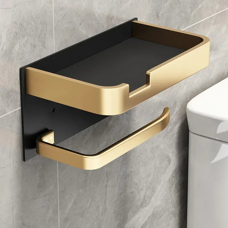 Black Gold Wall-Mounted Toilet Paper Holder with Phone & Towel Shelf Bathroom Rack
