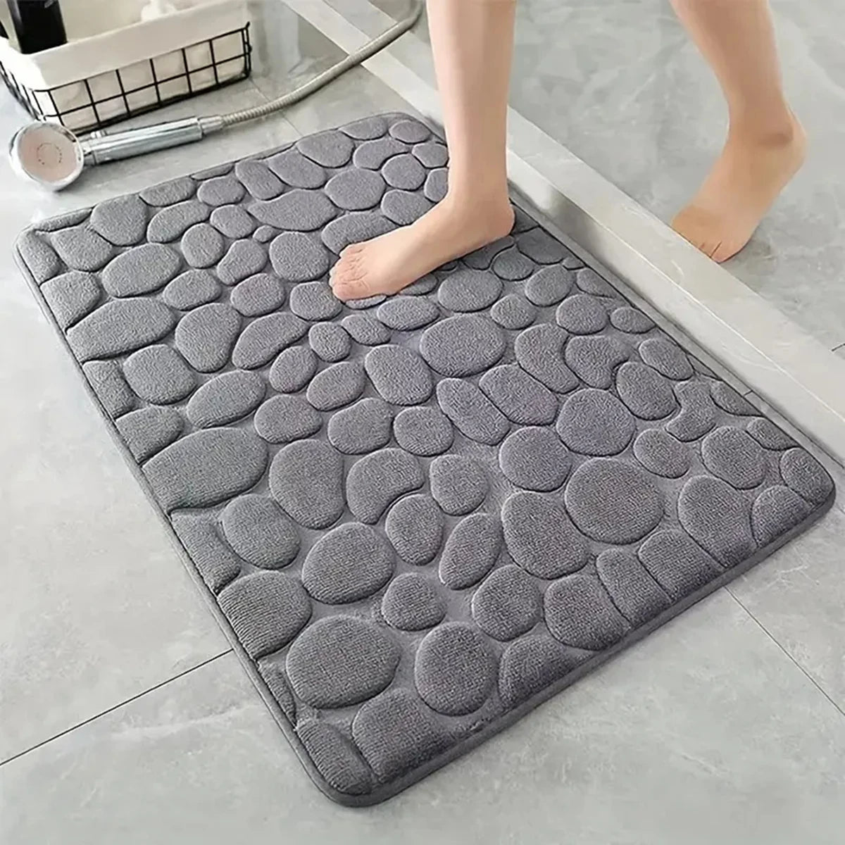 3D Non-Slip Bathroom Mat – Cobblestone Embossed Absorbent Quick-Dry Floor Rug