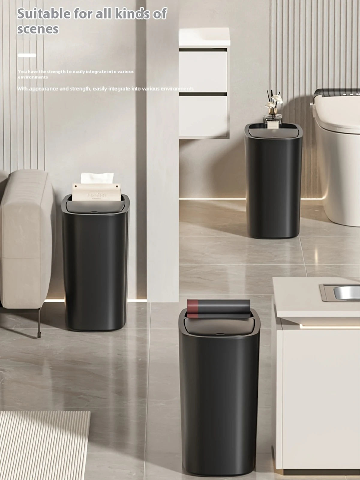 Large Capacity Bathroom Trash Can with Lid – Odor-Sealing Plastic Waste Bin for Bathroom