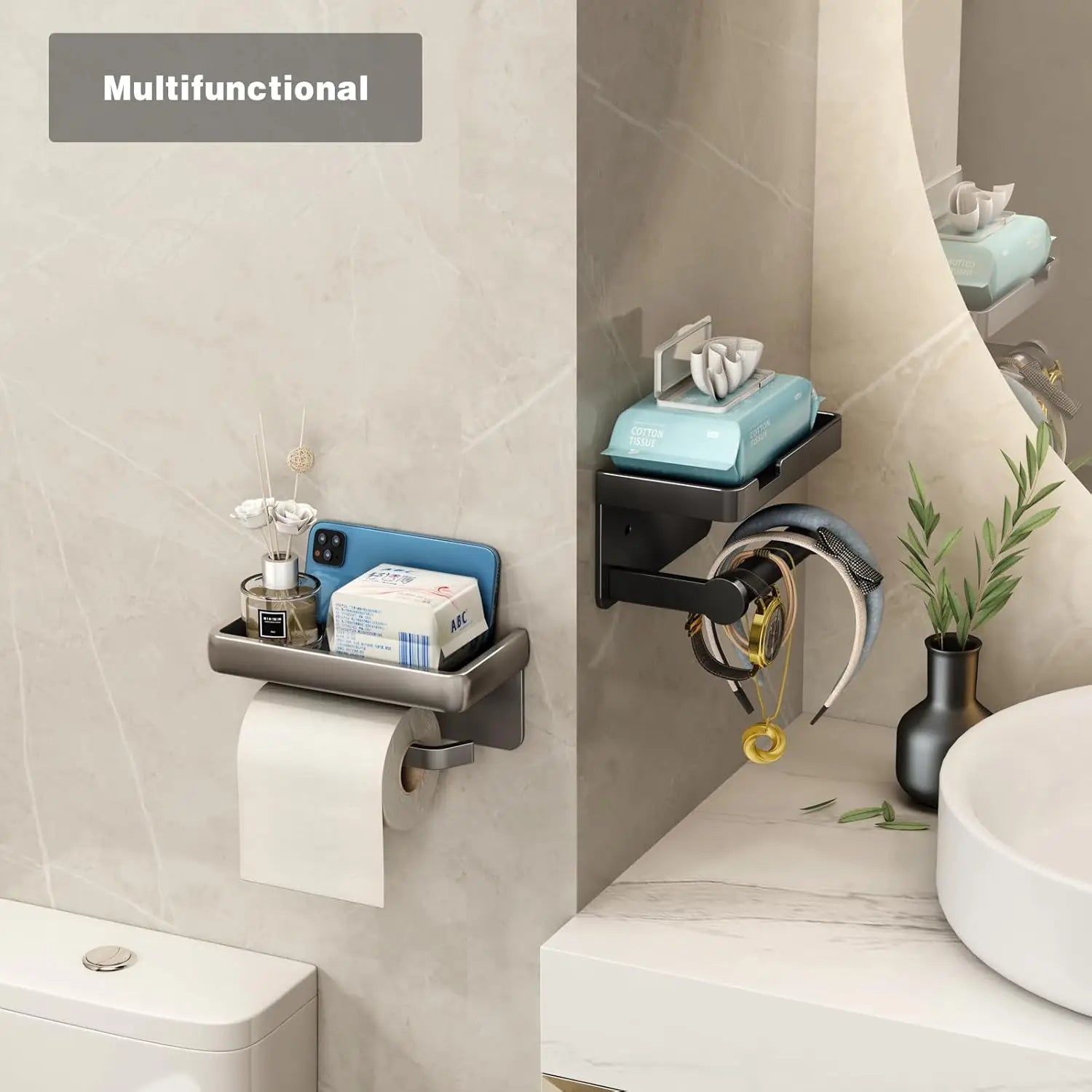 Wall-Mounted Toilet Paper Holder with Mobile Phone Shelf Bathroom & Kitchen Roll Rack