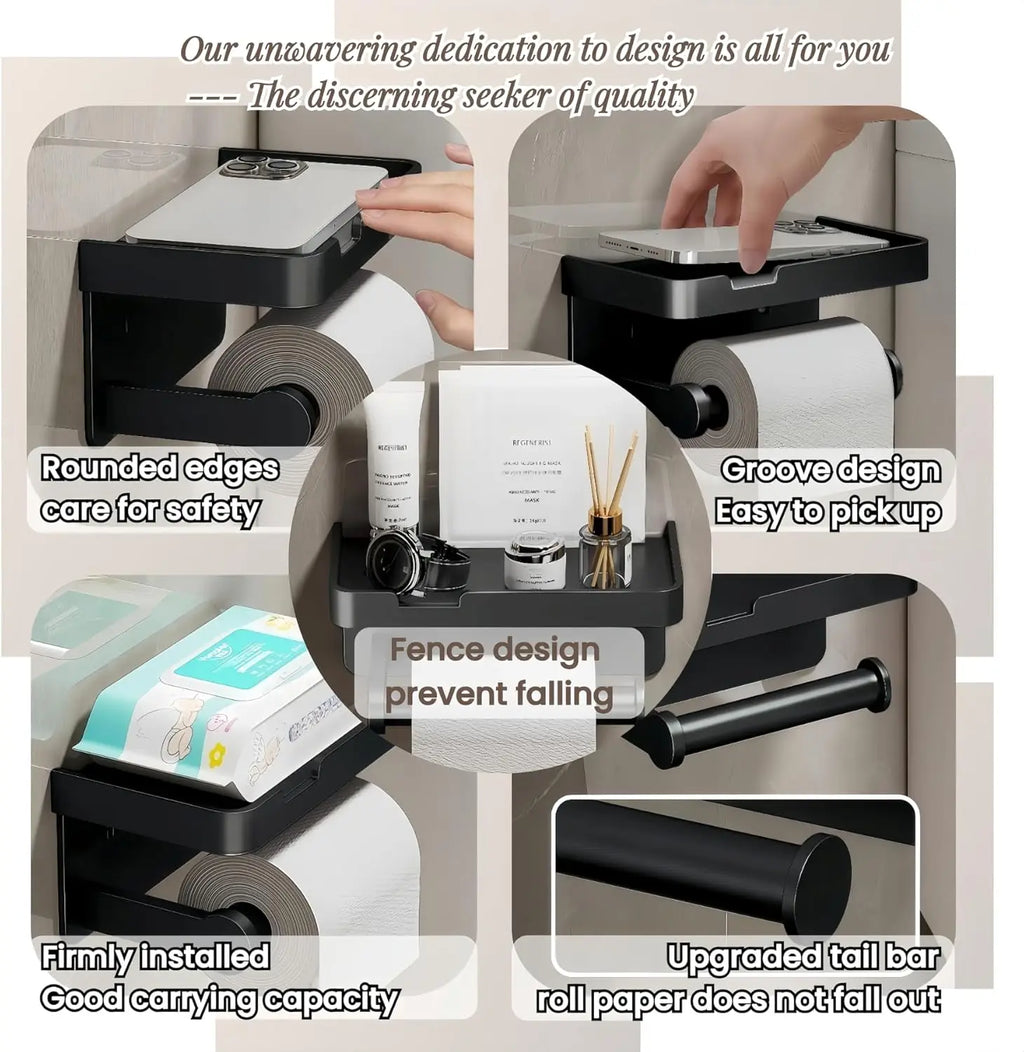 Wall-Mounted Toilet Paper Holder with Mobile Phone Shelf Bathroom & Kitchen Roll Rack