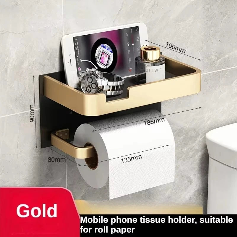 Black Gold Wall-Mounted Toilet Paper Holder with Phone & Towel Shelf Bathroom Rack