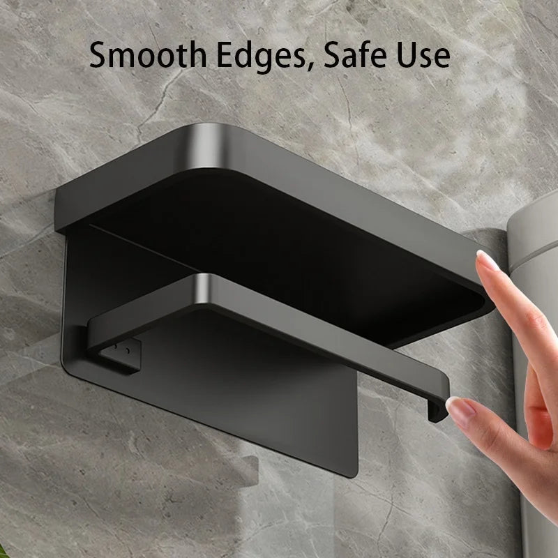 Wall-Mounted Aluminum Toilet Paper Holder with Mobile Phone Shelf Bathroom Storage Rack