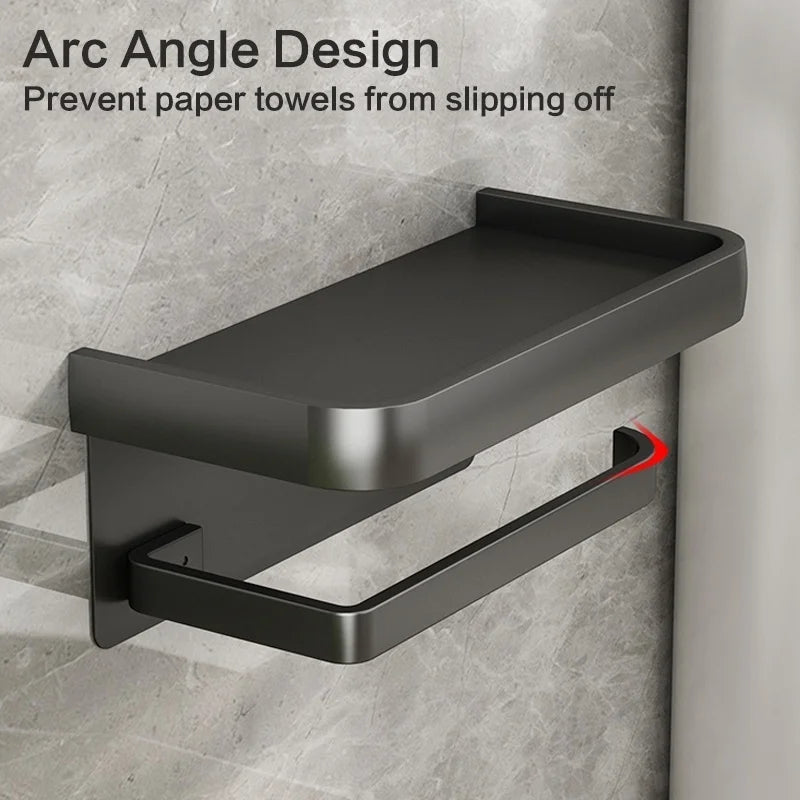 Wall-Mounted Aluminum Toilet Paper Holder with Mobile Phone Shelf Bathroom Storage Rack
