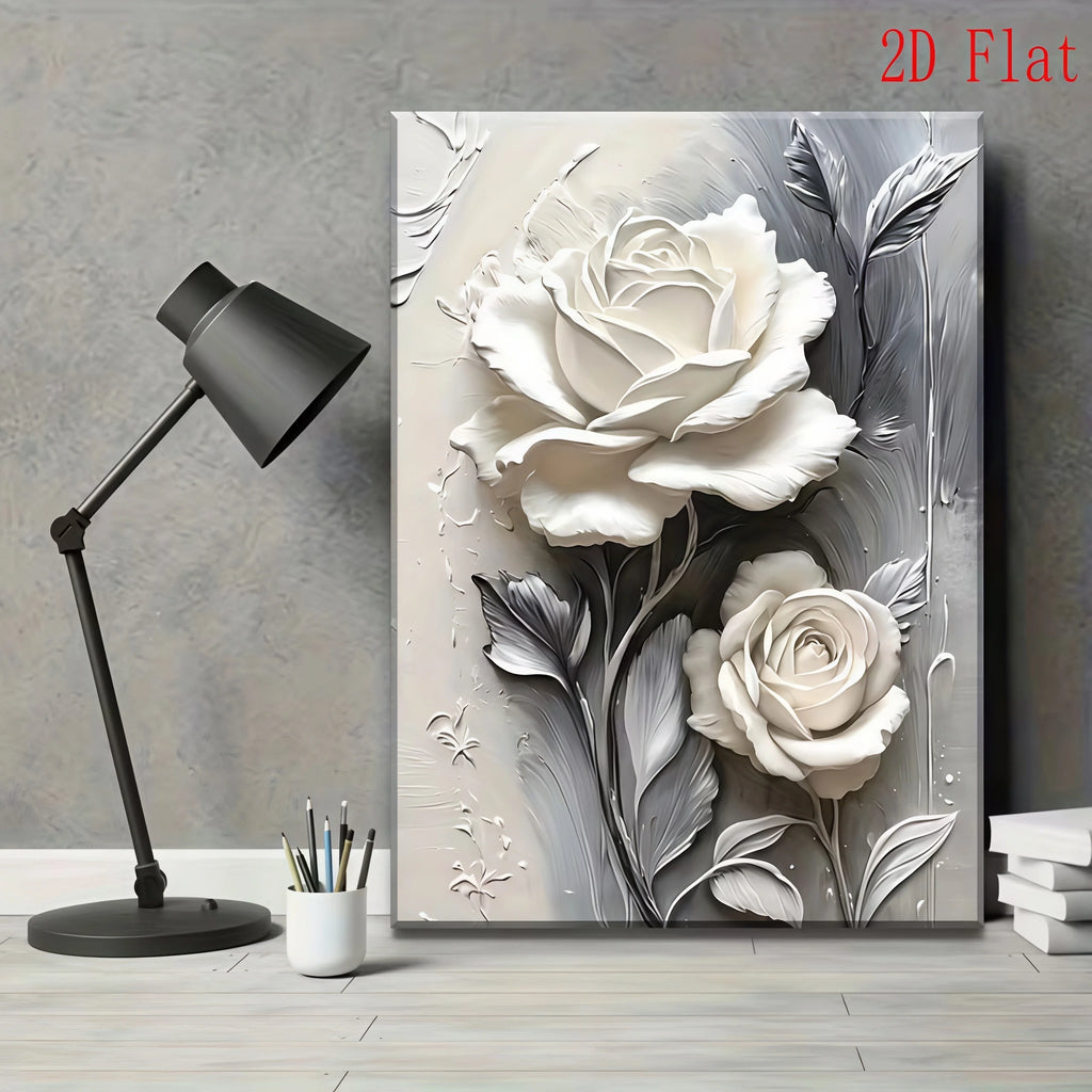 Elegant White Rose Canvas Art Vertical Floral Wall Decor