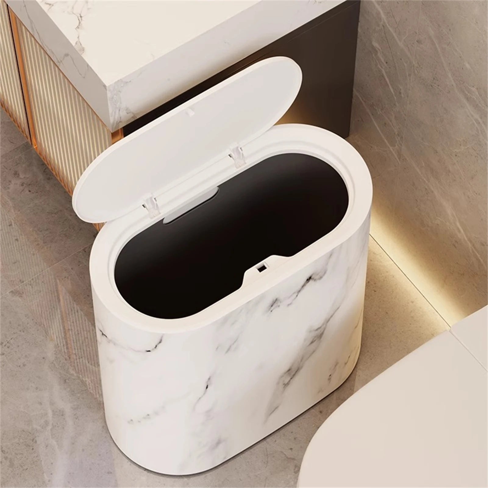 Bathroom Trashcan with Lid, Marble Wood Pattern Plastic Waste Bin for Home, Office, School