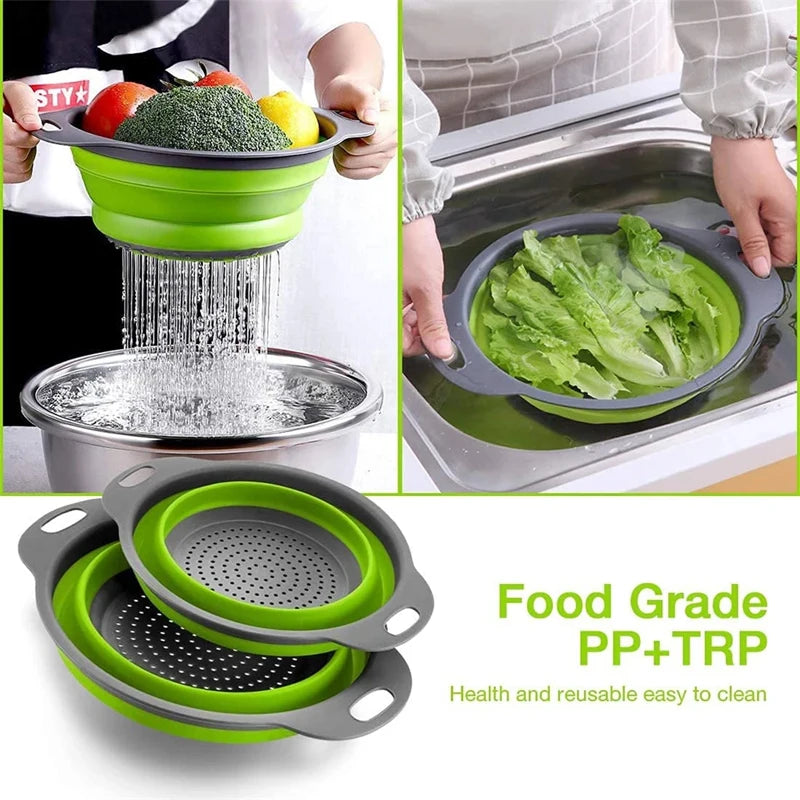 2PCS Silicone Folding Drain Basket – Square & Round Kitchen Strainer