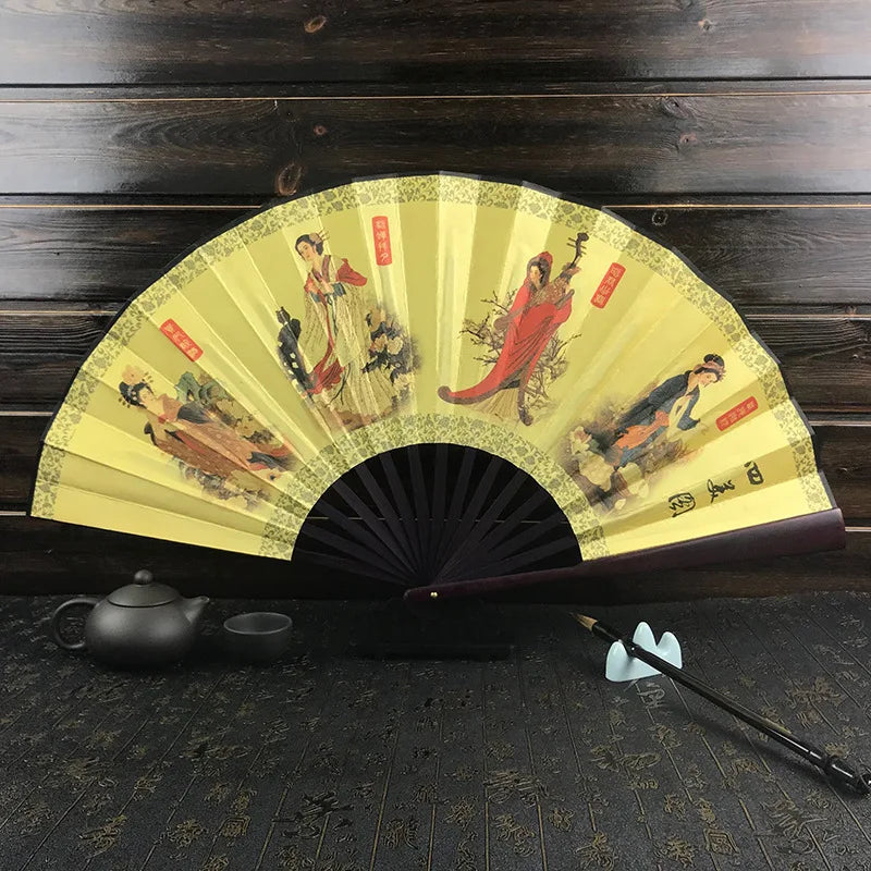 Silk & Bamboo Folding Fan Retro Decorative Handheld Fan 27x48cm