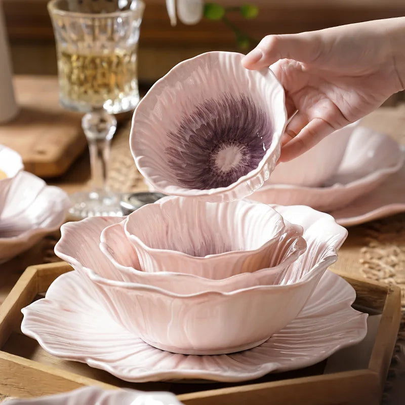 Relief Purple Floral Ceramic Plate – Flower Shaped Durable Tableware