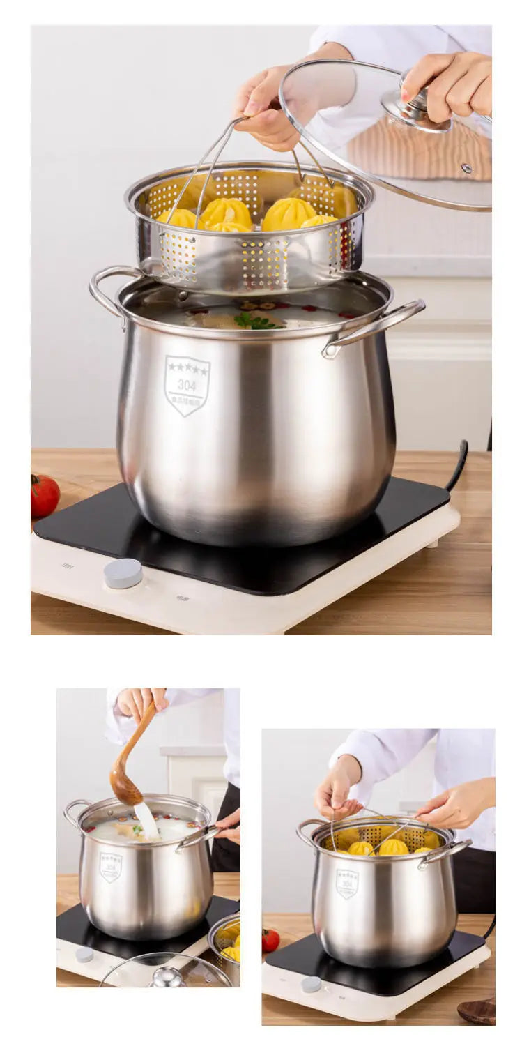 22cm Stainless Steel Stock Pot with Glass Cover – Soup & Kitchen Tool